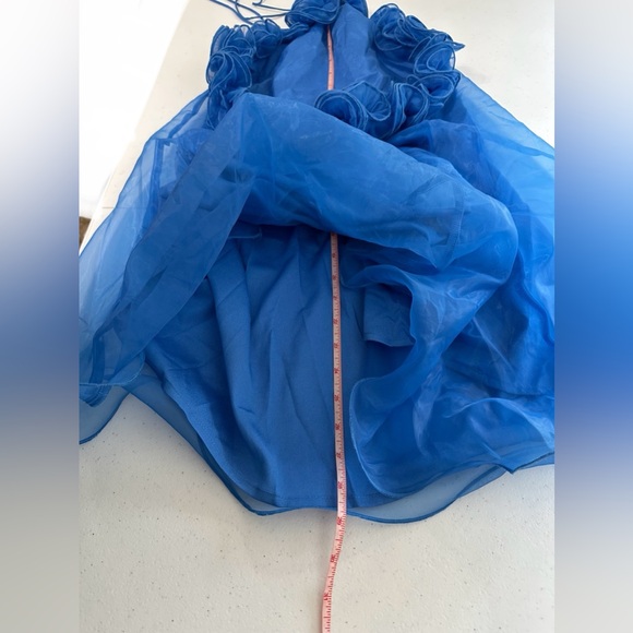 Main Strip Royal Blue Dress w/ structured ruffles halter open back organza - Picture 10 of 10